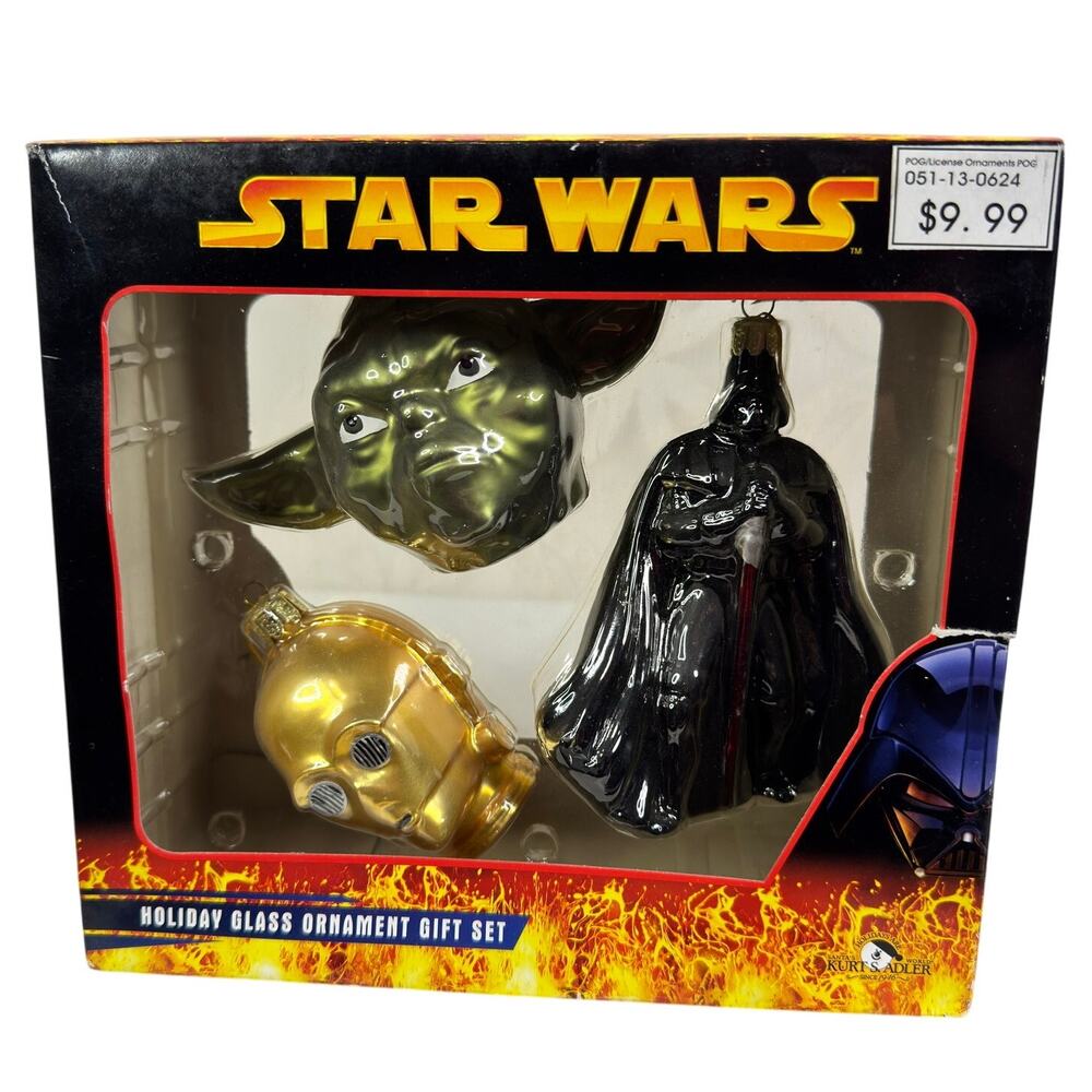 Star Wars Holiday Glass Ornament‎ 2005 Kurt Adler Tin Gift Set Vader,Yoda,C-3PO